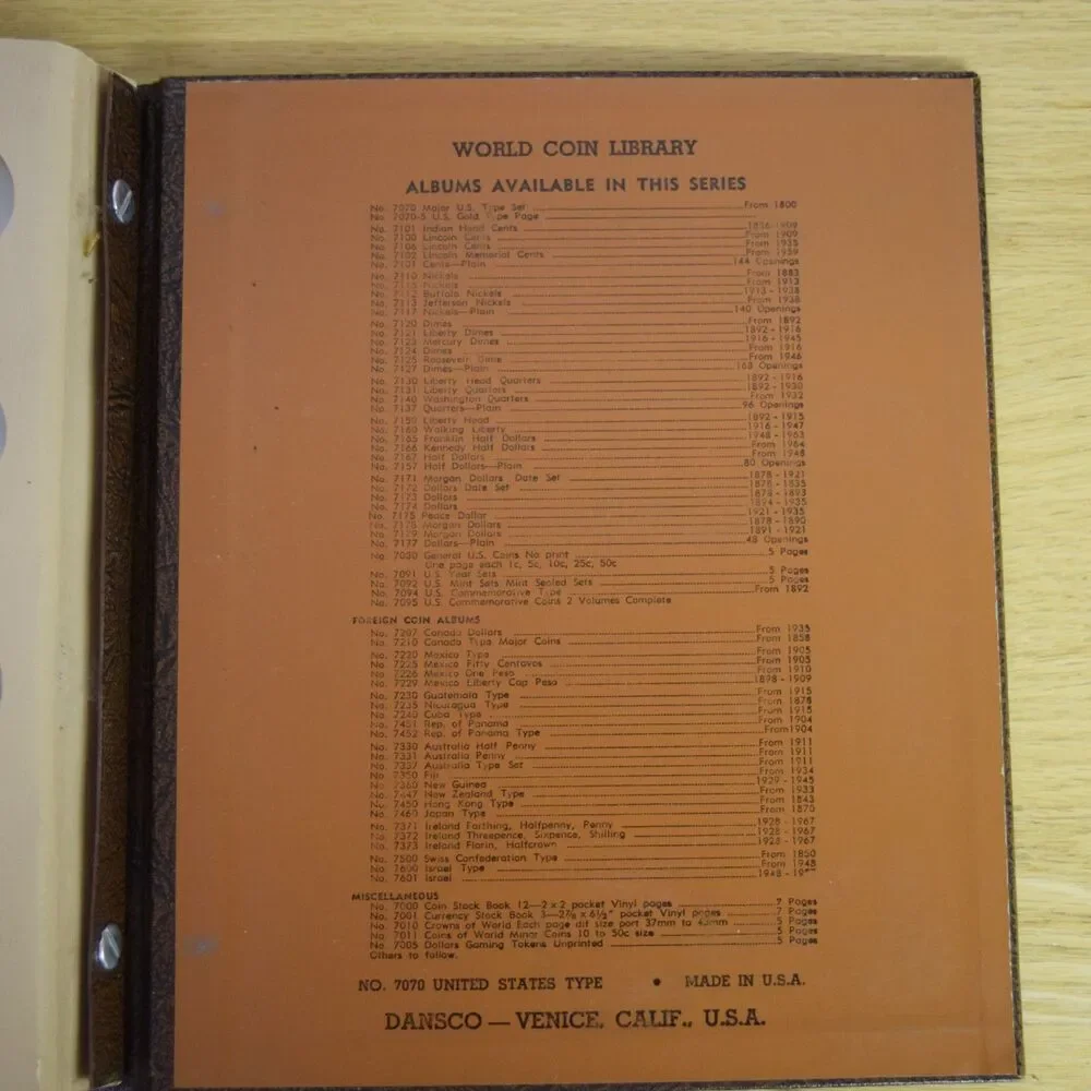 U.S. Major Type Coin Album #7070 - No Coins - 4 Pages Dansco World Coin Library